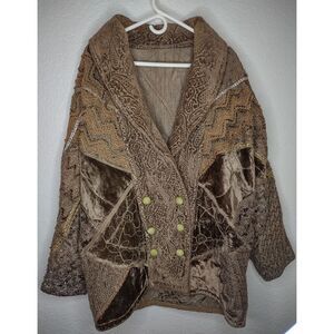 Vintage Crushed Velvet Patchwork Coat Brown Boho Paisley Embroidered Metallic